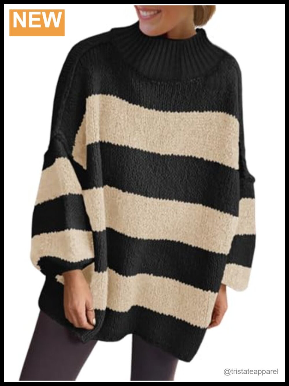 Oversized Striped Chunky Mock Neck Sweater - Long Sleeve Pullover